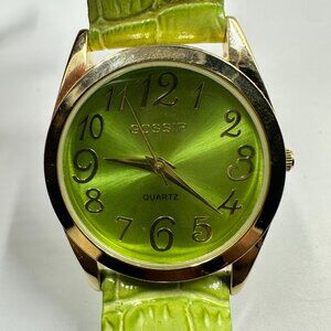 3/$30 Gossip Watch Women Gold Tone Green Leather Band New Battery 9 Inch